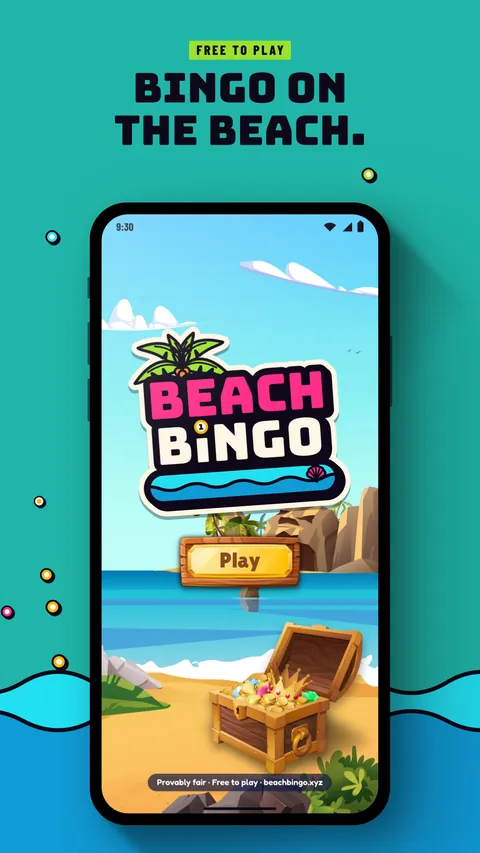 A phone showing the Beach Bingo title screen. Free to play: Bingo on the beach.