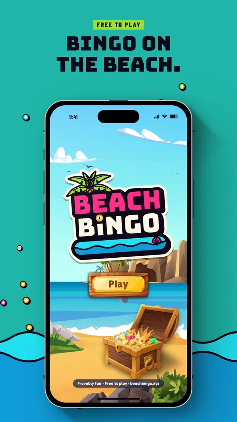 A phone showing the Beach Bingo title screen. Free to play: Bingo on the beach.
