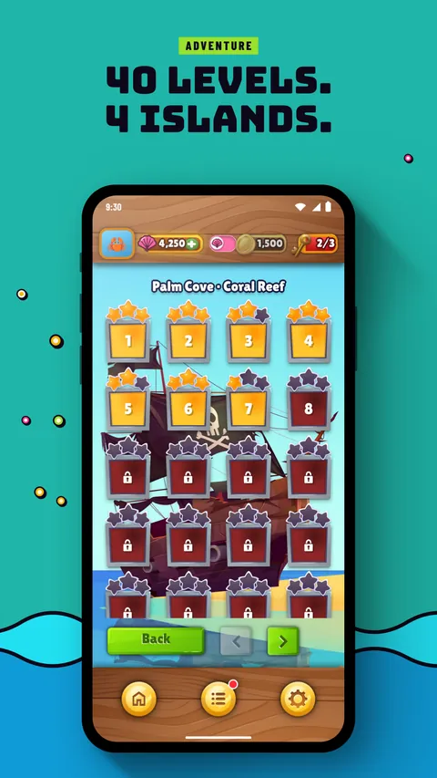 A phone showing the island level map. Adventure: 40 levels. 4 islands.