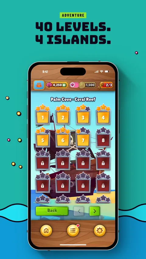 A phone showing the island level map. Adventure: 40 levels. 4 islands.