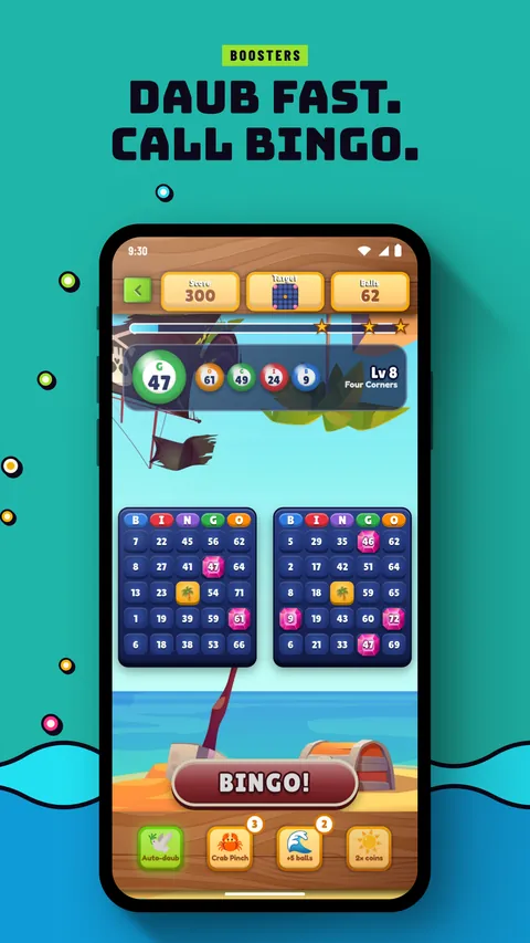 A phone showing an adventure level in play. Boosters: Daub fast. Call bingo.