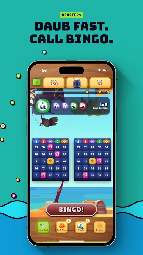 A phone showing an adventure level in play. Boosters: Daub fast. Call bingo.