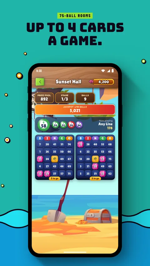 A phone showing a game in Sunset Hall, the 75-ball room. 75-ball rooms: Up to 4 cards a game.