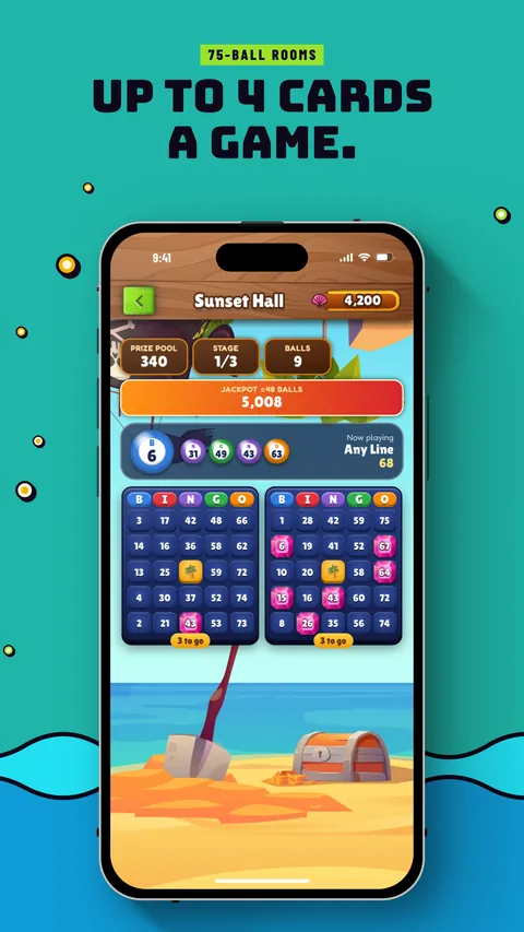 A phone showing a game in Sunset Hall, the 75-ball room. 75-ball rooms: Up to 4 cards a game.