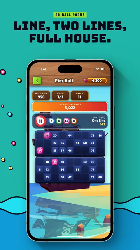 A phone showing a game in Pier Hall, the 90-ball room. 90-ball rooms: Line, two lines, full house.