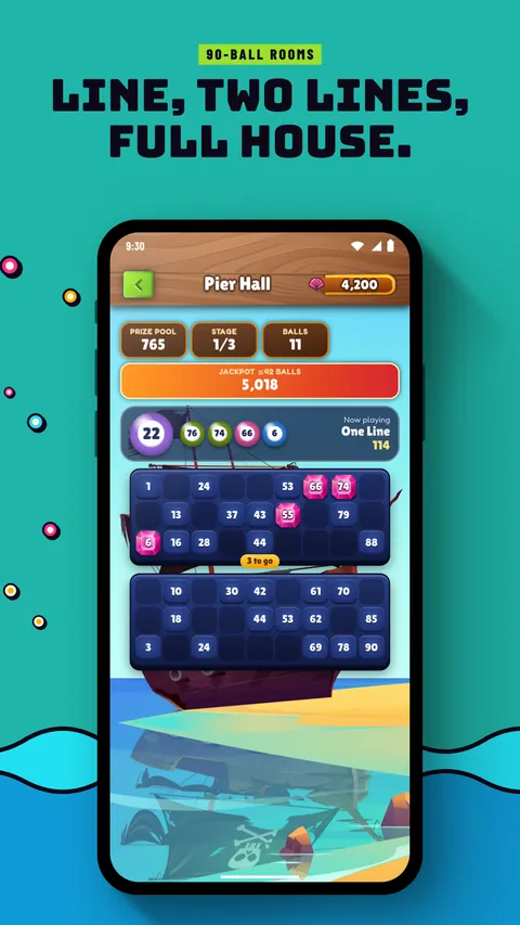A phone showing a game in Pier Hall, the 90-ball room. 90-ball rooms: Line, two lines, full house.