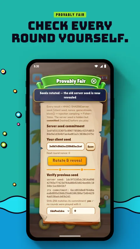A phone showing the provably fair screen. Provably fair: Check every round yourself.