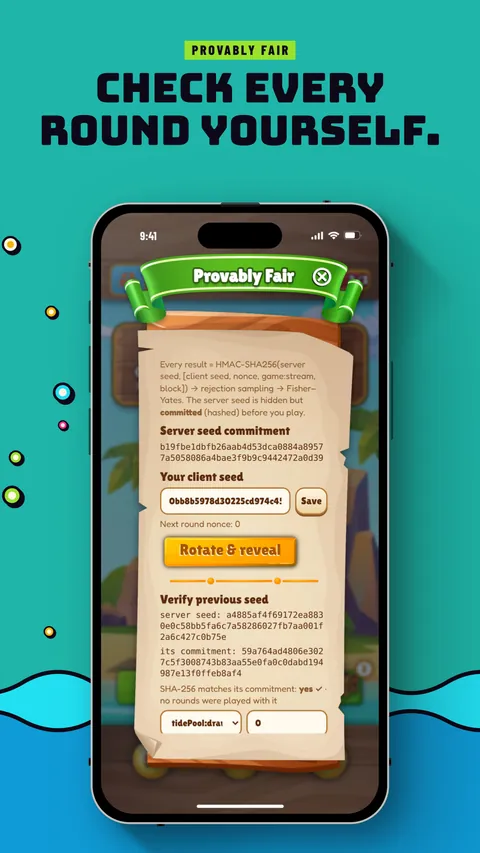 A phone showing the provably fair screen. Provably fair: Check every round yourself.