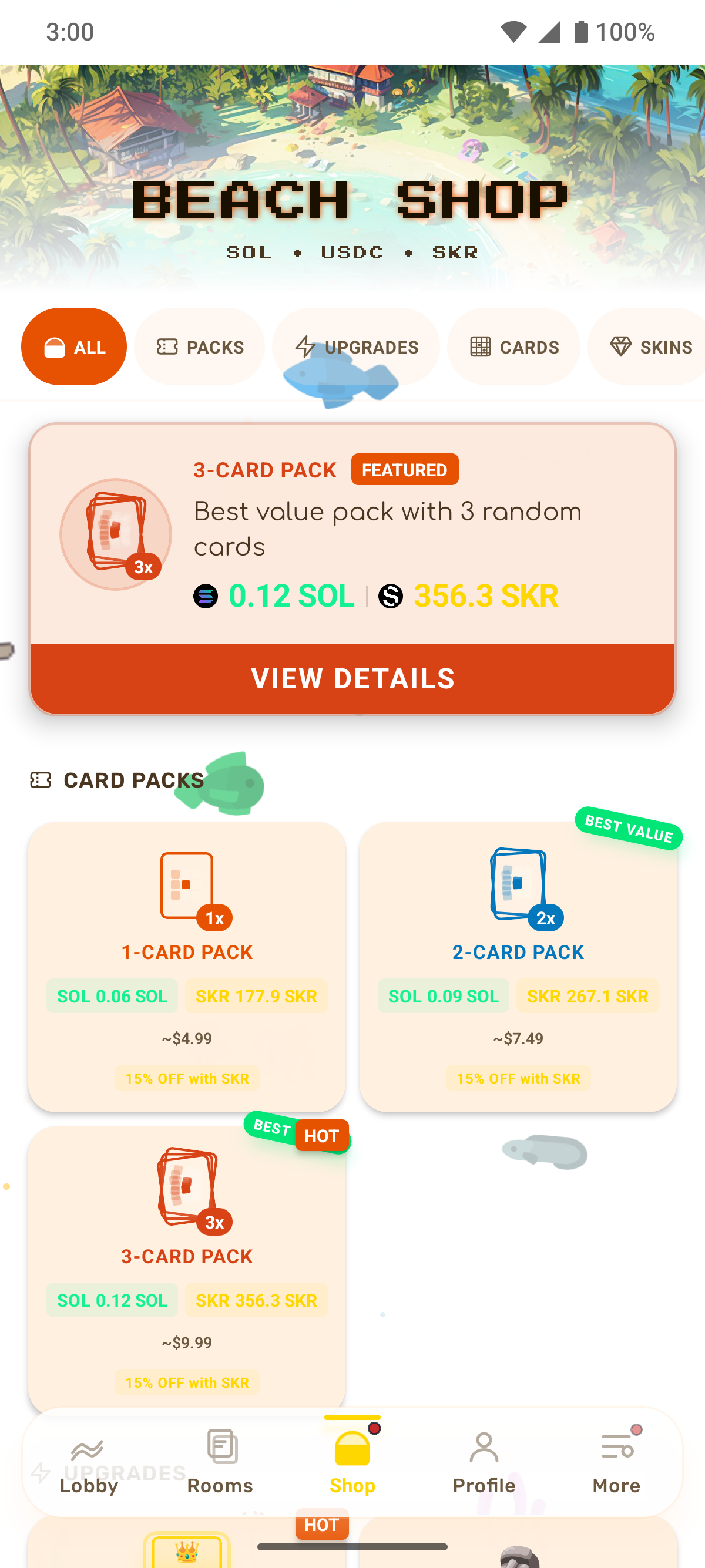 Beach Shop in light theme with live SOL and SKR prices