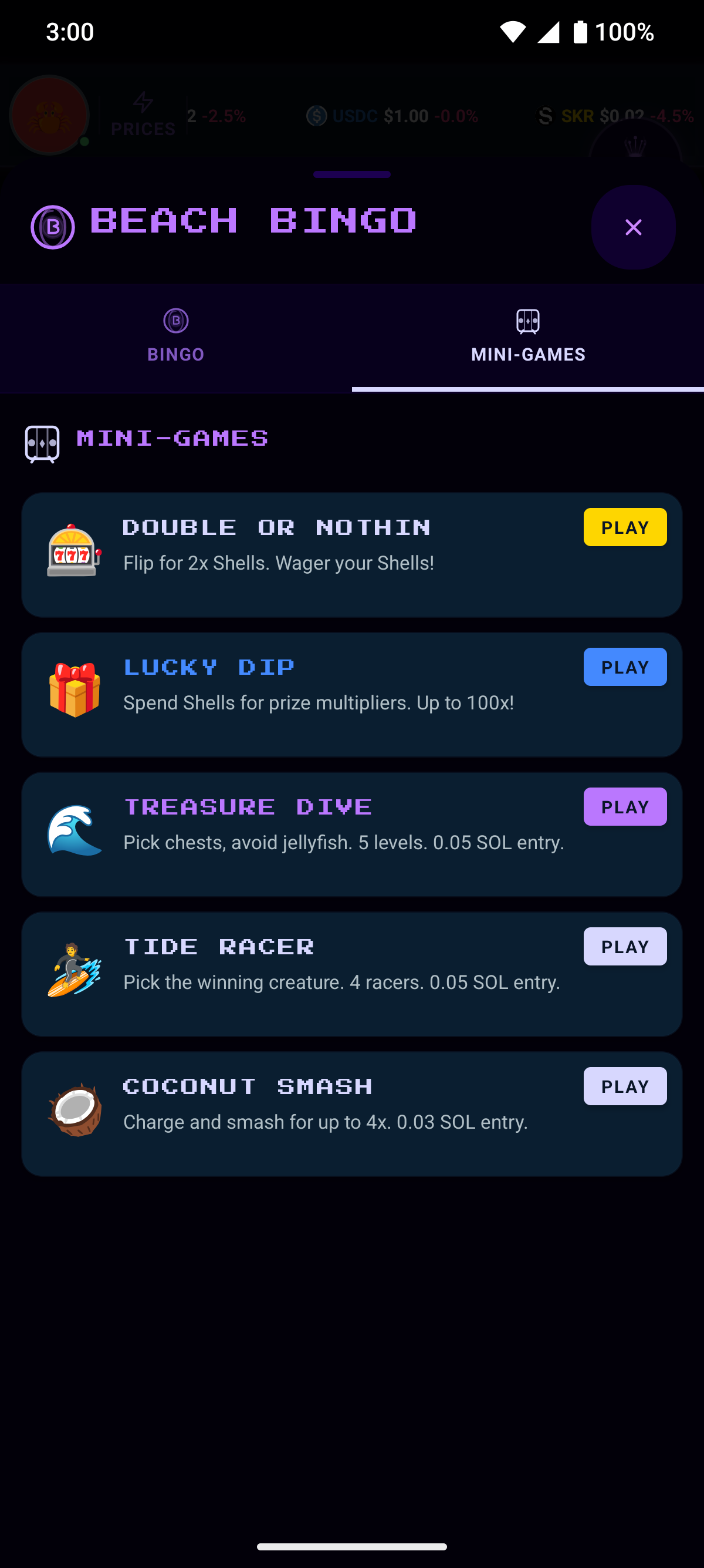 Mini-games: Double or Nothin, Lucky Dip, Treasure Dive, Tide Racer, Coconut Smash